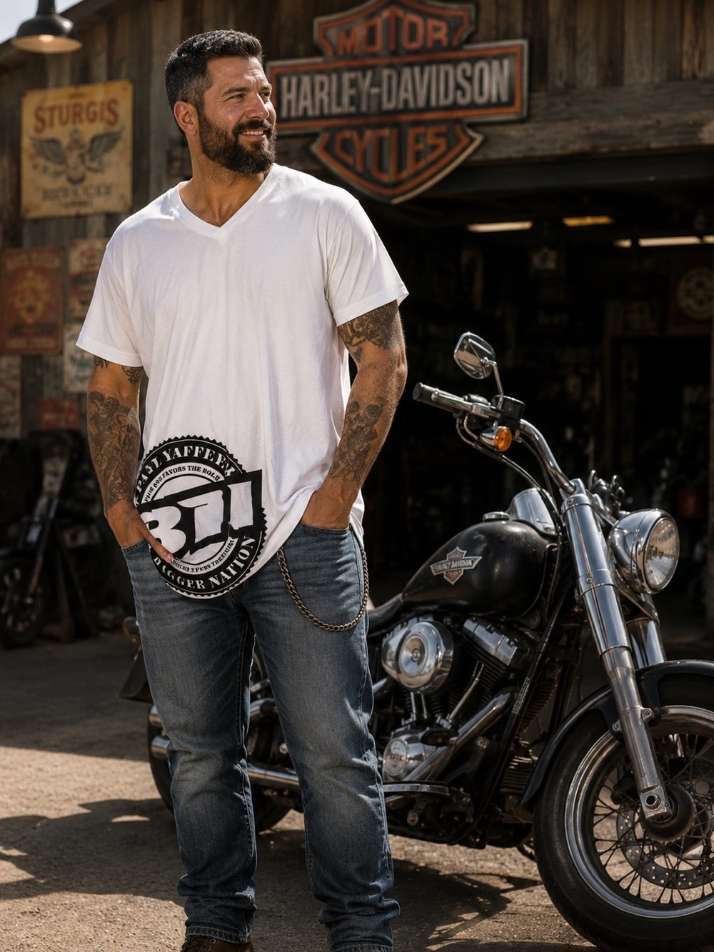 Paul Yaffe’s Bagger Nation White V-Neck Tee with Black Graphic